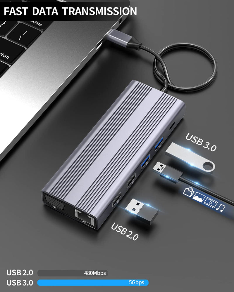 [Australia - AusPower] - USB C Hub, 12 in 1 Compact USB C Adapter with 4K HDMI, 1080P VGA, 2 USB 3.0, SD/Micro SD Card Reader, 2 USB-C Ports, Compatible for MacBook Pro and Other Type C Laptops or Phones 