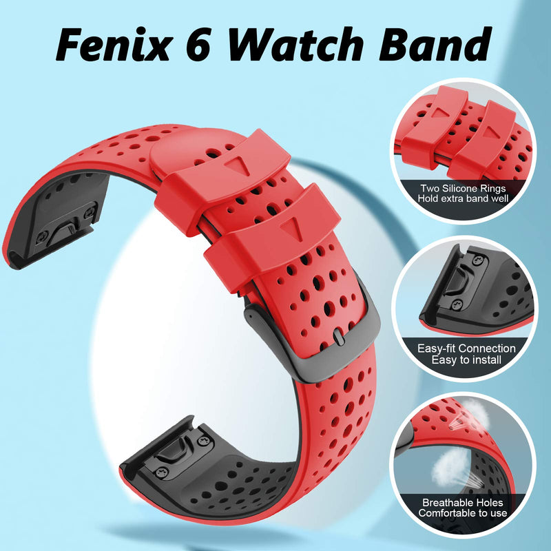 [Australia - AusPower] - ANCOOL Compatible with Fenix 5 Watch Band 22mm Easy-fit Silicone Soft Sport Band Replacment for Fenix 7/Fenix 5 Plus/Fenix 6/Fenix 6 Pro Smartwatches (Red/Black) Red/Black 