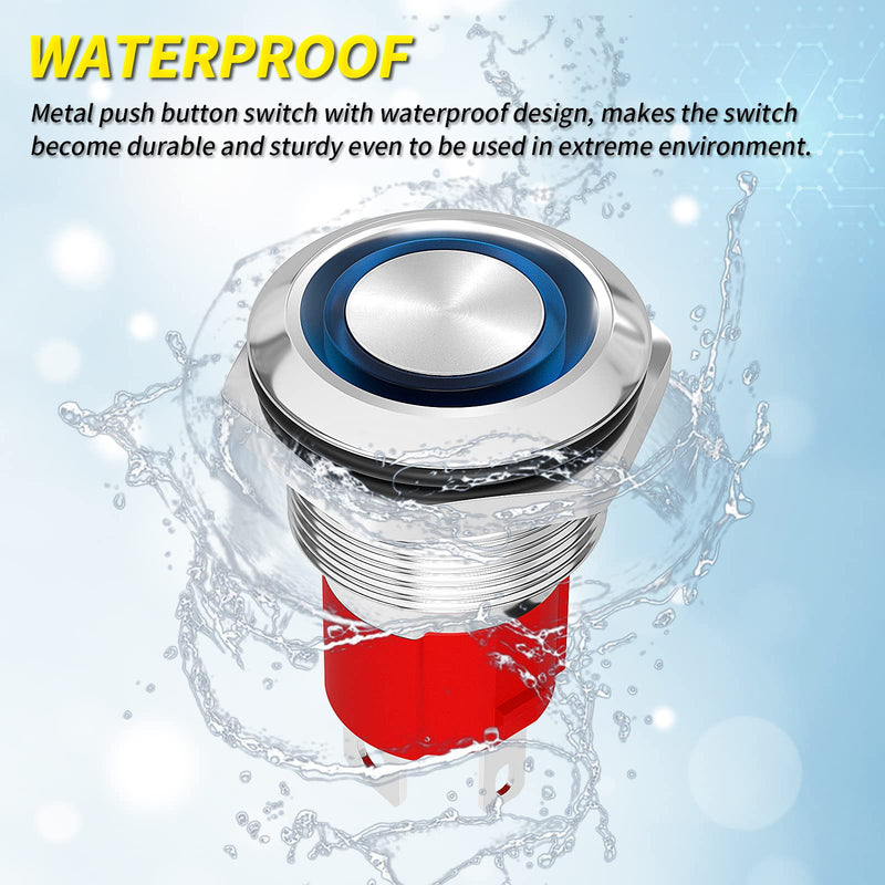 [Australia - AusPower] - Joinfworld Latching Push Button Switch 12V 20A Heavy Duty DC 12 Volt Waterproof Round Switch 19MM Metal Blue LED Ring Illuminated ON/Off Weatherproof with Wire for Marine Boat Car Truck 