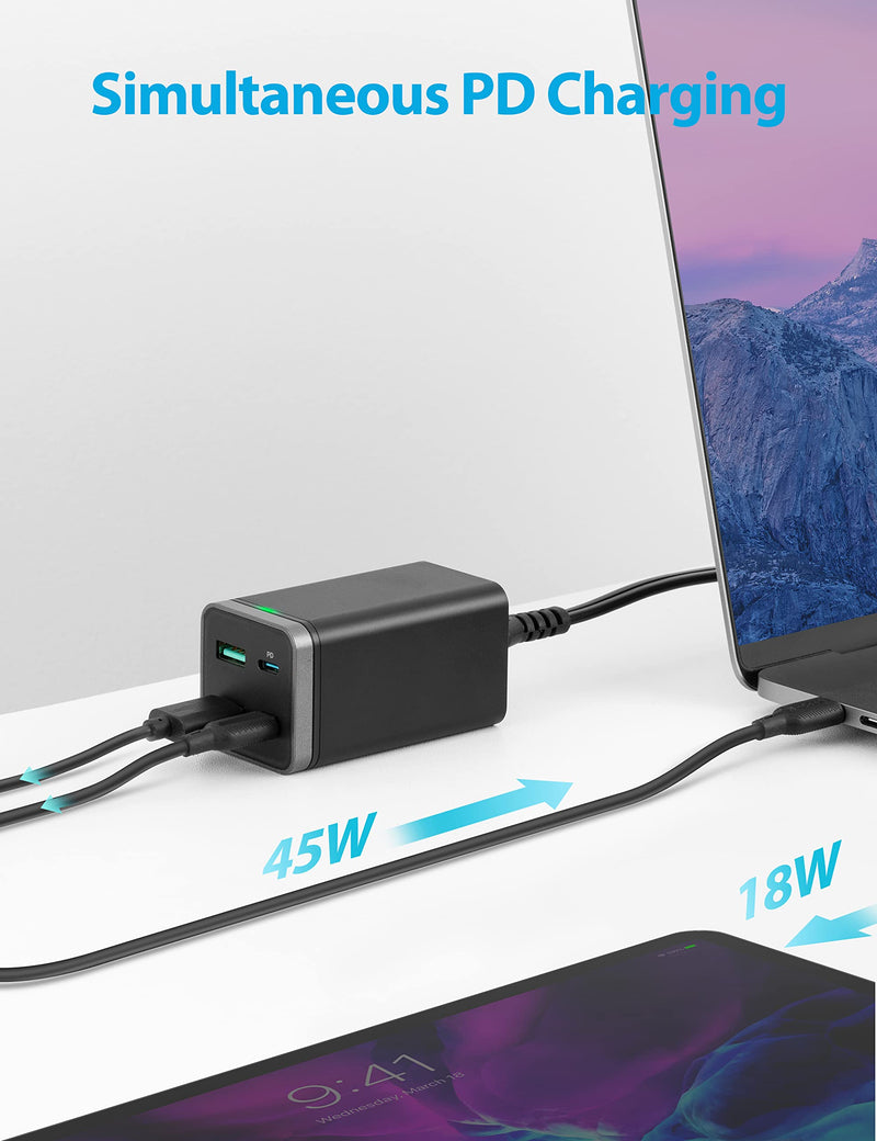 [Australia - AusPower] - USB C Charger, GaN 65W 4-Port Desktop USB Charging Station with 2 USB-C Ports +2 USB-A Ports PD Fast Charger for MacBook Pro Air, Dell XPS 13, iPad Pro, iPhone 13 12 Pro Max, Galaxy and More(Black) Black 