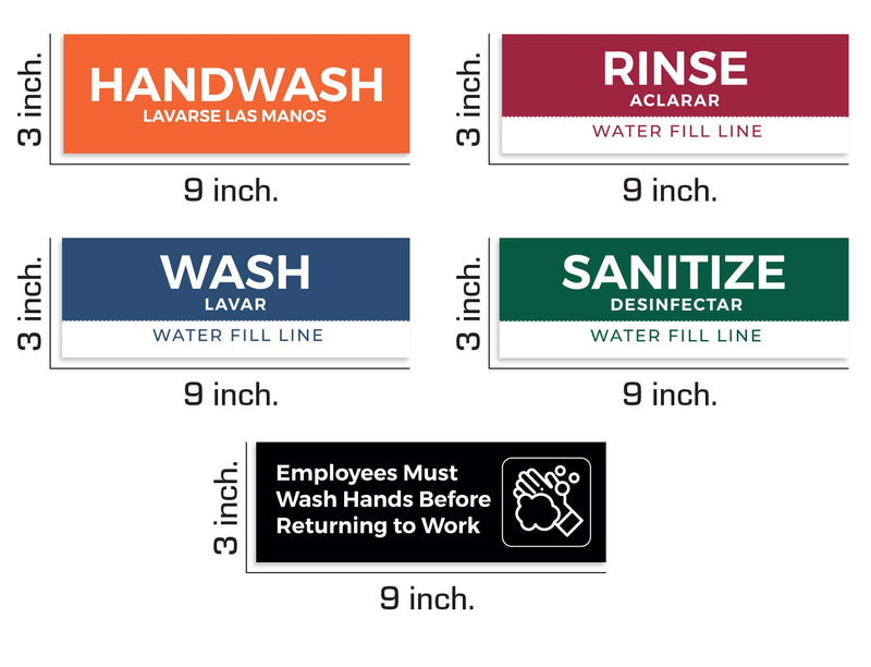 [Australia - AusPower] - Pixelverse Design - Wash Rinse Sanitize Handwash Stickers - Great for Restaurants, Commercial Kitchens, 3 Sink Compartments - 3x9 Inches - 5 Pack Set - Includes BONUS Employee Must Wash Hands 3 x 9 inches (5 Pack) 