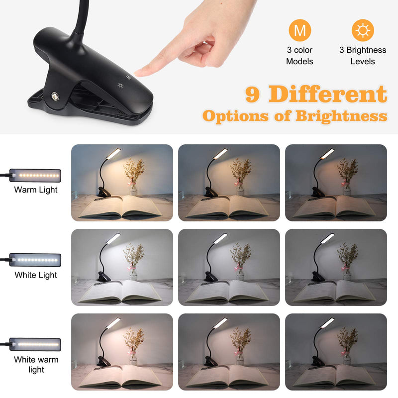 [Australia - AusPower] - LED Reading Light with Clip - Deaunbr USB Rechargeable Book Lights , 24 LEDs Flexible Neck Night Bed Lamp, Touch Control Portable Clamp Desk Lamps for Bed Headboard, Computers -Black Black 