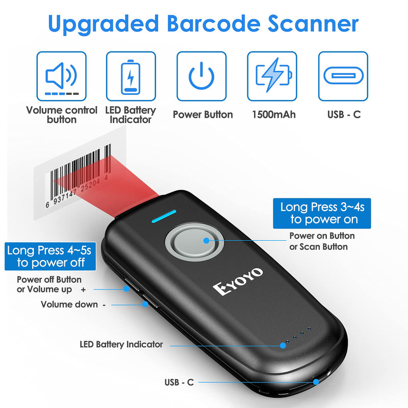 [Australia - AusPower] - Eyoyo Mini 1D Bluetooth Barcode Scanner Wireless, With Power On/Off Button, Volume Up/Down Button,1500mAh Rechargeable Battery, Portable Bar Codes Reader for Windows, Mac Computer, Android, iOS Phones Gray 