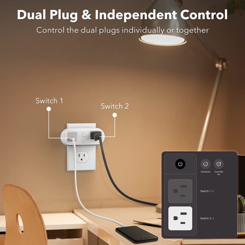 [Australia - AusPower] - HBN Smart Plug 15A, WiFi&Bluetooth Outlet Extender Dual Socket Plugs Works with Alexa, Google Home Assistant, Remote Control with Timer Function, No Hub Required, ETL Certified, 2.4G WiFi Only, 2-Pack 2 Pack 