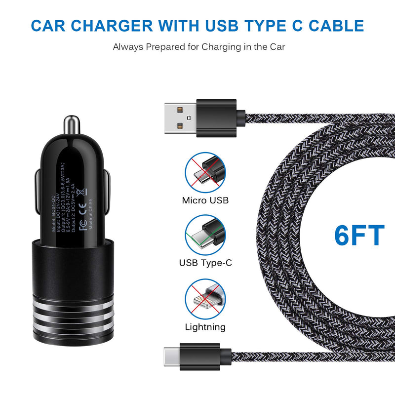 [Australia - AusPower] - USB C Fast Car Charger for Samsung Galaxy S22 S21 FE S20 Ultra Z Flip 3/Z Fold 3 A03S A13 A02S A12 A32 A42 A52 A10E A20 A50 A21 A51,Quick Charge 3.0 Rapid Car Adapter +6ft Type C Fast Charging Cable Black 