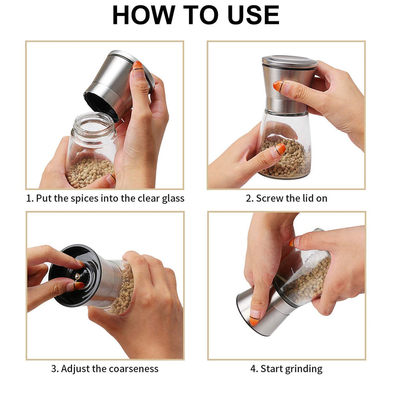 [Australia - AusPower] - Herda 2 Pack Refillable Salt and Pepper Grinders Set - Pepper Mill with Stainless Steel Head- Short Glass Shakers with Adjustable Coarseness for Sea Salt, Black Peppercorn, Spices 6oz 