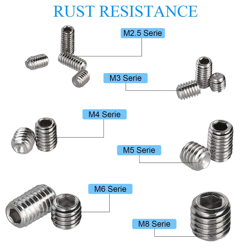 [Australia - AusPower] - HanTof 340Pcs M2.5, M3, M4, M5, M6, M8 Metric Hex Socket Head Cup Point Set Screws, Allen Head Grub Screw, Internal Hex Drive Headless Set Screw Assortment Kit with 6 Hex Wrenches, 304 Stainless Steel Silver-340pcs Metric M2.5-M8 Cup Point Set Screw 