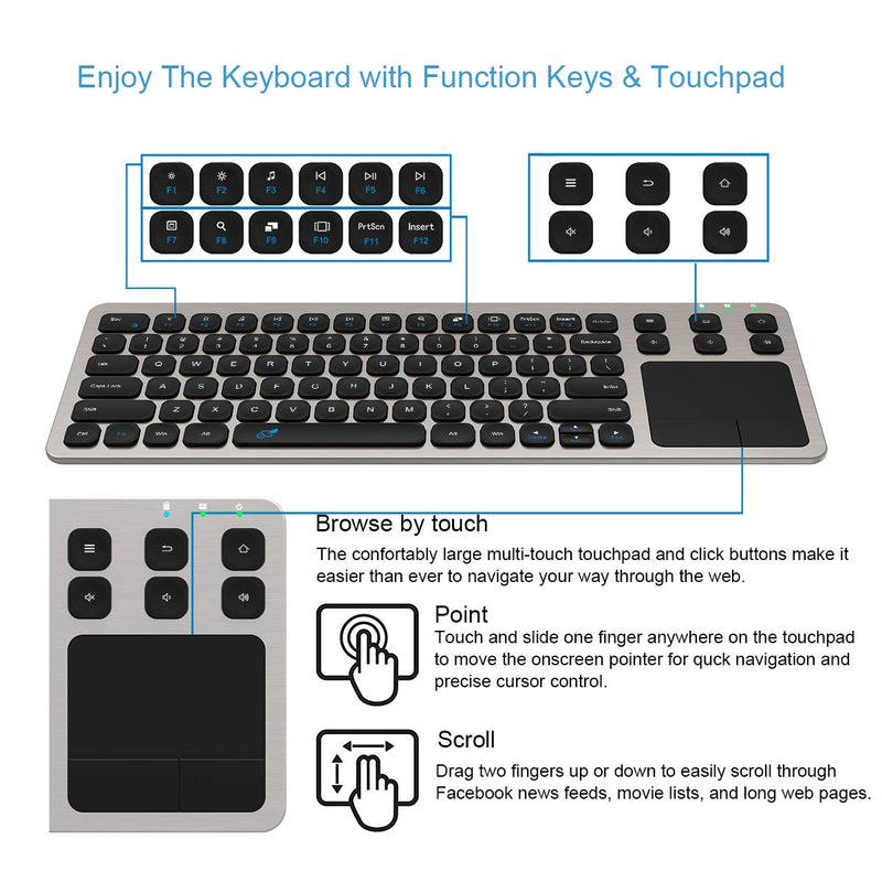 [Australia - AusPower] - Wireless Keyboard, Arteck 2.4G Wireless Touch TV Keyboard with Easy Media Control and Built-In Touchpad Mouse Solid Stainless Ultra Compact Full Size Keyboard for TV-Connected Computer, Smart TV, HTPC 