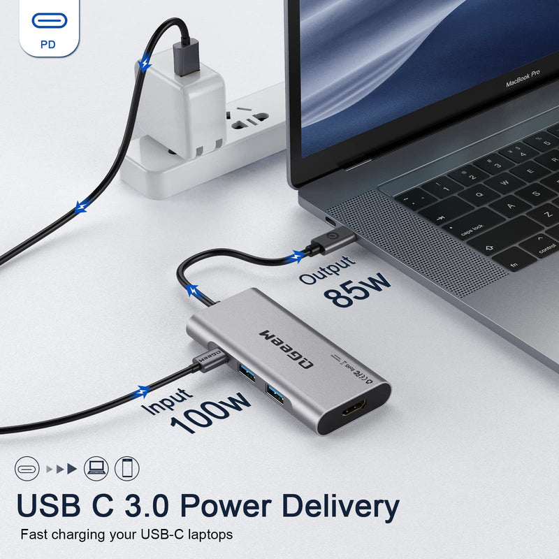 [Australia - AusPower] - USB C Hub, QGeeM USB C to HDMI Multiport Adapter 4k, 7 in 1 USB C Dongle with 100W Power Delivery,3 USB 3.0 Ports, SD/TF Card Reader, Compatible with MacBook Ipad HP Dell XPS and More Type C Device Grey 