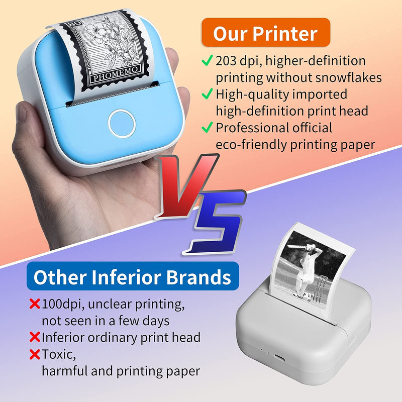 [Australia - AusPower] - Mini Pocket Sticker Printer-Bluetooth Pocket Thermal Printer-Portable Smart Photo Printer for iPhone, Compatible with iOS&Android, T02 Receipt Mobile Sticker Printer for Journal, Notes, Memo, Photo Blue 