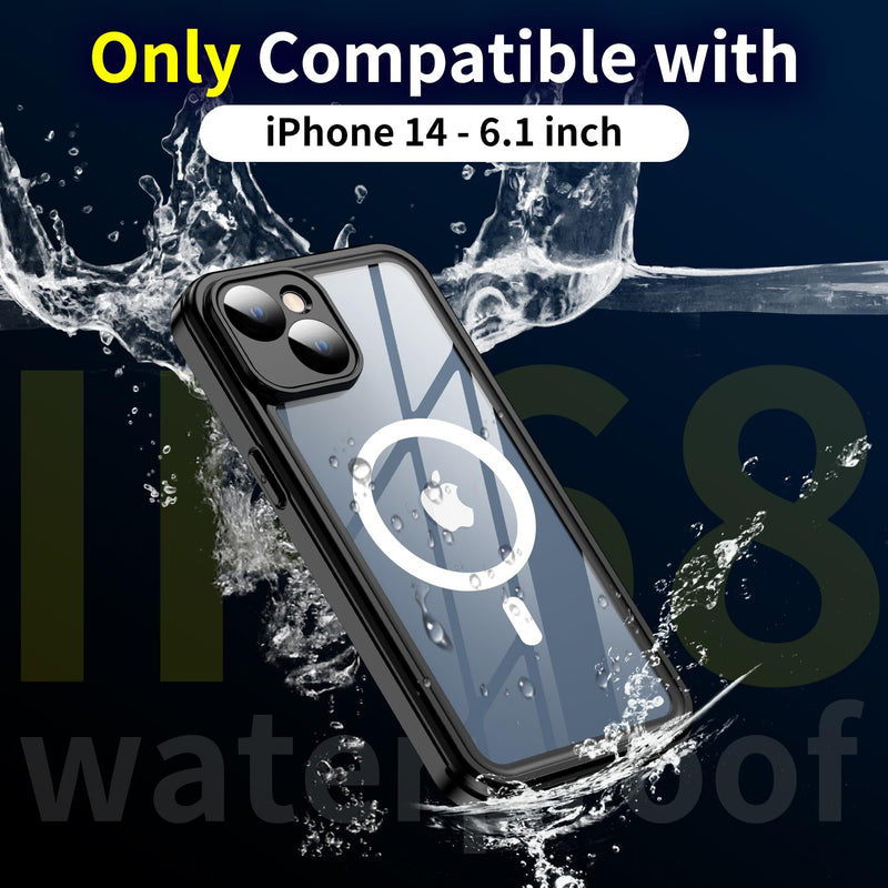 [Australia - AusPower] - MOZOTER for iPhone 14 Case Waterproof,Built-in 9H Tempered Glass Screen Protector [Real 360][IP68 Underwater][14FT Military Dropproof][Dustproof][Compatible with MagSafe] - Black/Clear 