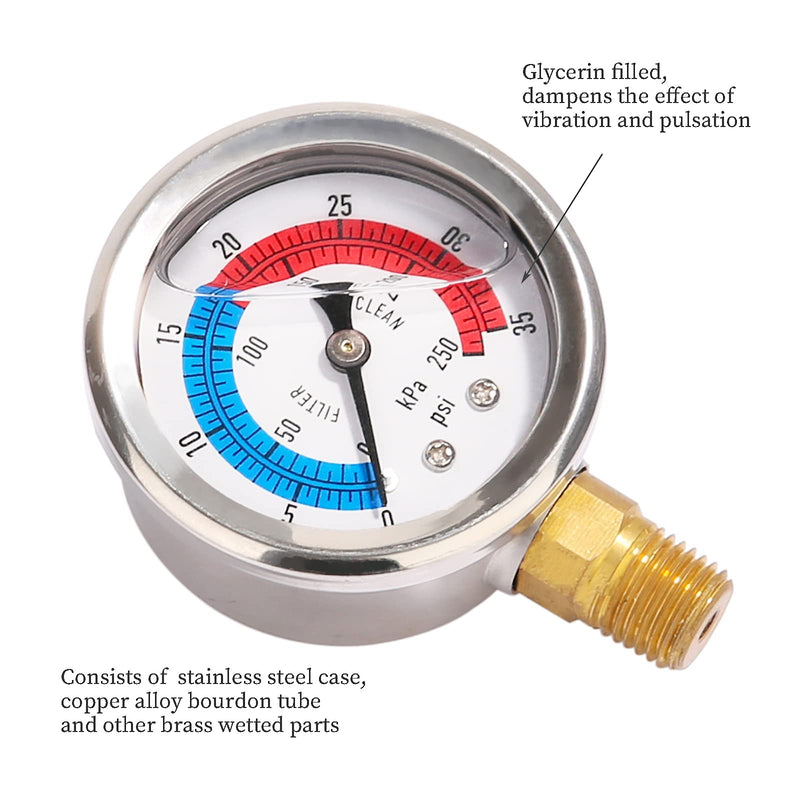 [Australia - AusPower] - Watflow 2" Dial Pool Filter Pressure Gauge, Glycerine Filled Pressure Gauge, Water Pressure Gauge, 304 Stainless Steel Case,1/4" NPT Lower Mount 2"SS Lower 