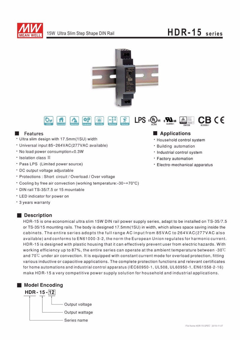 [Australia - AusPower] - MEAN WELL Ultra Slim Step-Shape 1SU DIN Rail Power Supply, 12V 1.25A 15W - HDR-15-12 