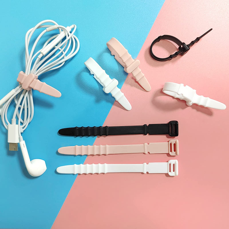 [Australia - AusPower] - Silicone Zip Ties, Reusable Zip Ties, 20pcs Rubber Cable Ties Straps for Wire Management, Elastic Cable Organizer for Home Office Table Desk. 4.5 Cord Ties in White, Black, Pink, Purple and Blue 