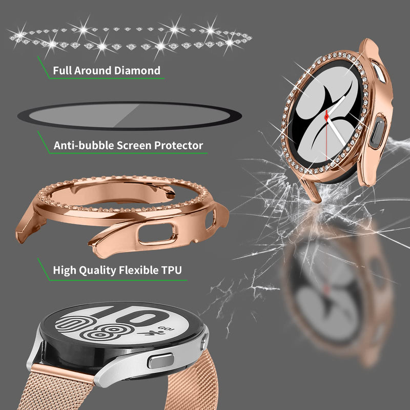 [Australia - AusPower] - Joyozy Bands Compatible with Samsung Galaxy Watch 4 40mm 44mm with Screen Protector Case,20mm Quick Release Watch Band Stainless Steel Strap & Diamond Bezel Case Cover for Galaxy Watch 4 Rose Gold 