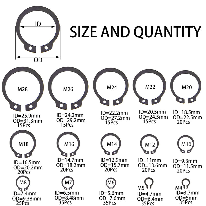 [Australia - AusPower] - Rrina 340Pcs Snap Ring Shop Assortment Alloy Steel External Circlip Snap Retaining Clip Rings Set, Size: 4mm to 28mm 