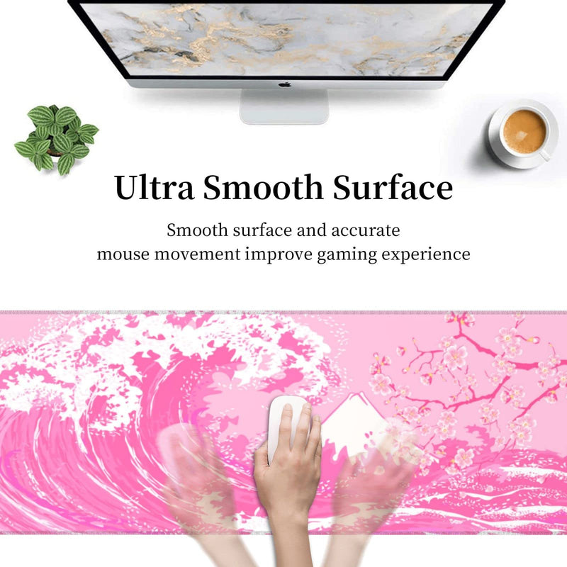[Australia - AusPower] - Pink Japanese Wave Cherry Blossom Gaming Mouse Pad XL, Large Non Slip Rubber Mousepad, Stitched Edges Desk Pad, Long Extended Mice Pad,31.5'' X 11.8'' Pink Japanese Wave Cherry Blossom 