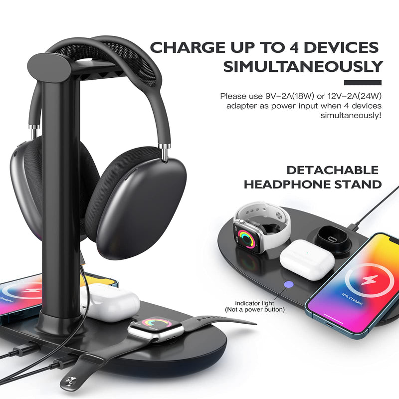 [Australia - AusPower] - Headphone Stand with 15w Wireless Charger, Suguder 4 in 1 Qi Charging Station Headset Holder for AirPods Max/Pro/2 iWatch 7/6/5/4/3/2/1/SE iPhone 13/12/11/XS/XR/X/8 Series for Desktop Table Game,Black Black 