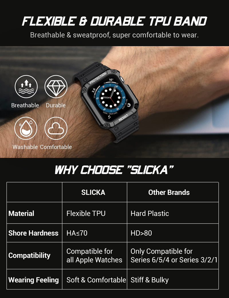[Australia - AusPower] - Crodi Compatible with Apple Watch Band 45mm 44mm 42mm 41mm 40mm 38mm with Shockproof Bumper Case, Rugged Bands for Apple Watch Series 7 6 SE 5 4 3 2 1, Soft Sport Military Band Protector for Men Matte Black 42mm/44mm/45mm 