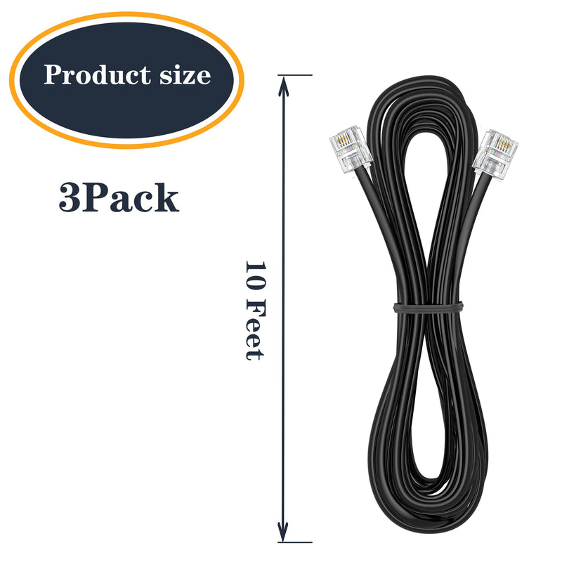 [Australia - AusPower] - Ubramac 3Pack Phone Cord Phone Telephone Extension Cord 10ft Cable Line with Standard RJ11 6P4C Plugs for Landline Phone and Fax,(Black, 10Feet) 