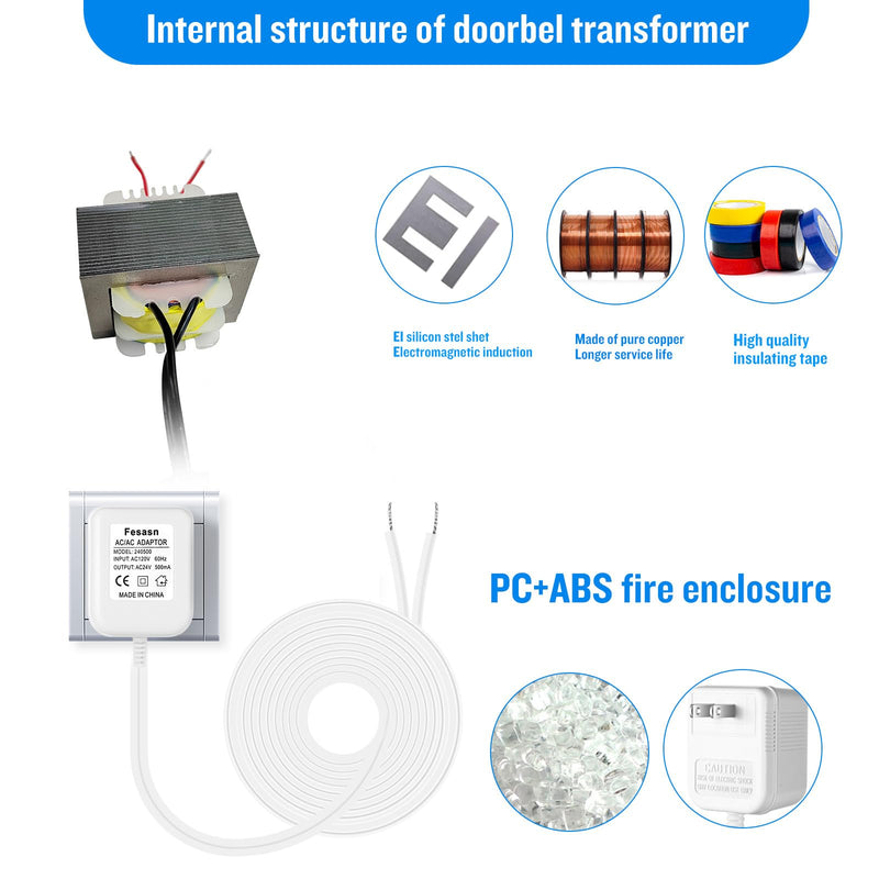 [Australia - AusPower] - Fesasn 24V C Wire Doorbell Transformer,Compatible with Ring Nest Hello Eufy and Wyze Video Ring Doorbells and Smart Thermostat(16.4 FT Long Cable with White) 16.4 FT White 