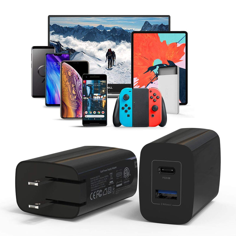 [Australia - AusPower] - HotTopStar USB C Charger 61W, Fast Charging Adapter with Foldable Plug, GaN Dual USB C Wall Charger Compatible for MacBook Pro/Air, iPhone 13/13 Mini/13 Pro/13 Pro Max/12/11, iPad/iPad Mini-Black 