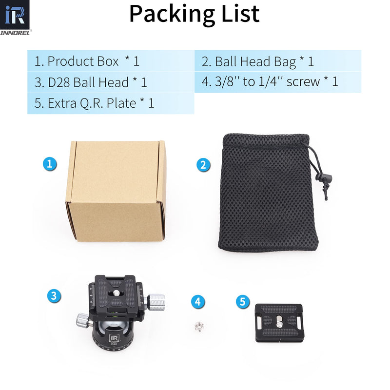 [Australia - AusPower] - INNOREL D28 28mm Low Profile Tripod Ball Head Professional All Metal CNC 360° Panoramic Camera Tripod Head for Monopod,DSLR Cameras,Camcorder,DV with 1/4" Arca Swiss Quick Release Plate Load 22lb/10kg 28mm Dia. 