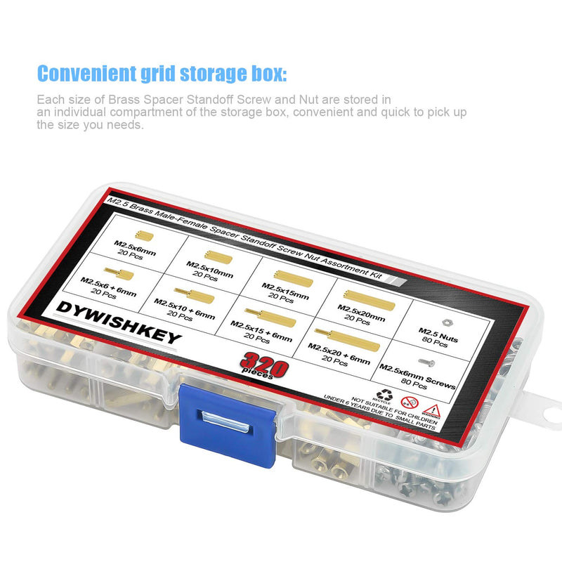 [Australia - AusPower] - DYWISHKEY 320 Pieces Male Female Hex Brass Spacer Standoff Screw Nut Assortment Kit (M2.5) M2.5 