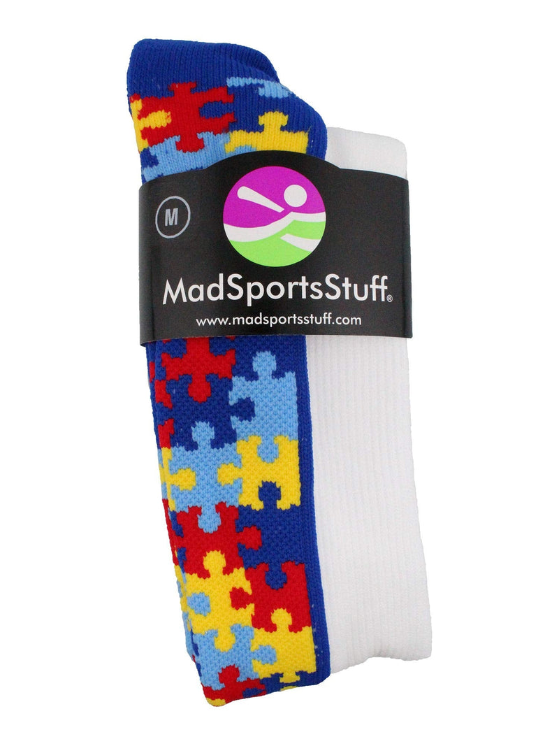 [Australia - AusPower] - MadSportsStuff Puzzle Heart Autism Awareness Over The Calf Socks White/Royal X-Large 