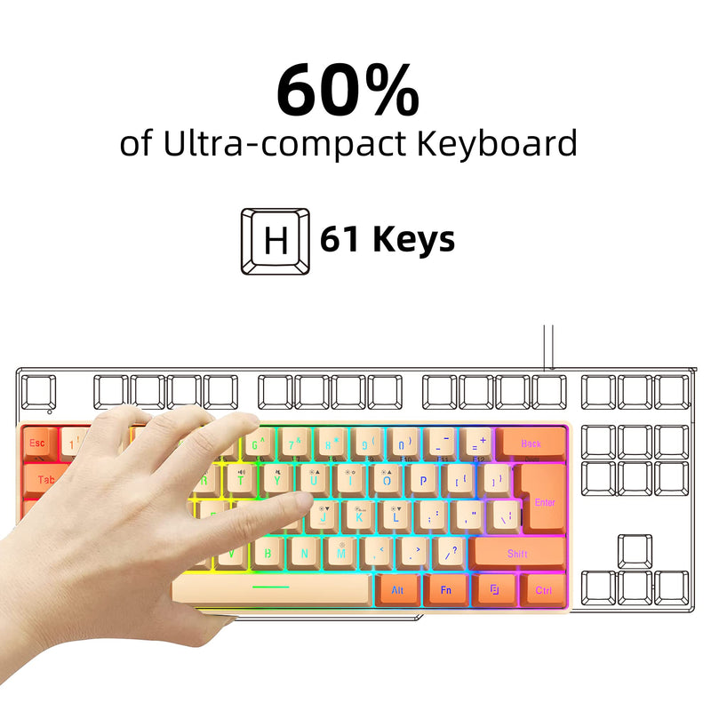 [Australia - AusPower] - Snpurdiri 60% Wired Gaming Keyboard, RGB Backlit Ultra-Compact Mini Keyboard, Waterproof Mini Compact 61 Keys Keyboard for PC/Mac Gamer, Typist, Travel (Orange and Cream) Orange and Cream 