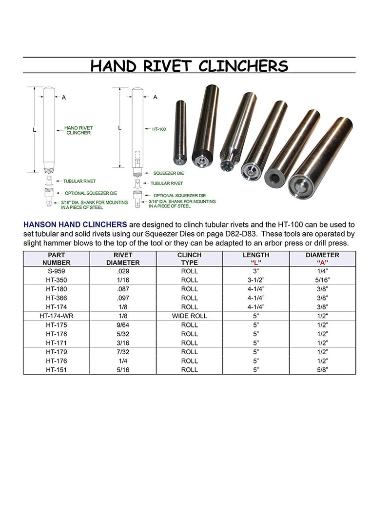 [Australia - AusPower] - HT-174 Hand Rivet Clincher for 1/8" Diameter Tubular Rivets. Designed to BE Used in Conjunction with A Hammer to Clinch/ROLL Tubular Rivets. (Pack of 1) 