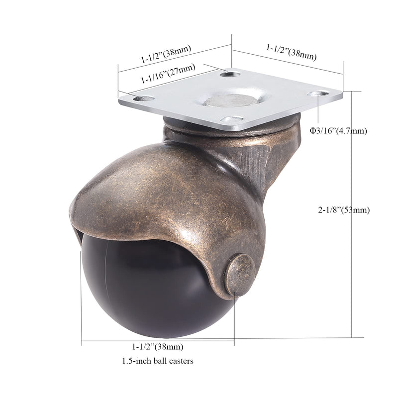 [Australia - AusPower] - ENYKE Ball Caster Wheels, 1.5-inch Small Wheels for Furniture, Swivel Furniture Casters Set of 4, Antique Brass Top Plate Casters for Furniture, Ottoman, Wheelchair, Coffee Table (Screws Included) 1.5 inch 