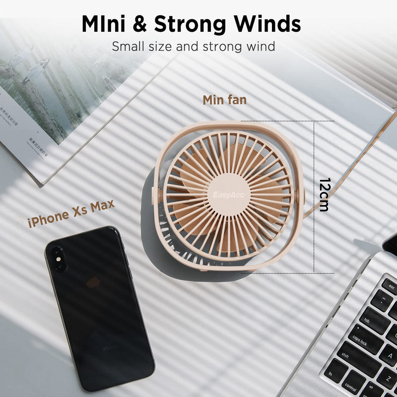 [Australia - AusPower] - EasyAcc USB Desk Fan, 3 Speeds USB Fan [Lower Noise USB Powered ONLY&Powerful Desk Fan] USB Portable Powered Fan, 360°Rotatable Personal Desktop Table Fan Travel Fan for Desk Home Bedroom Office Champagne 