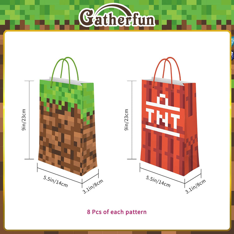 [Australia - AusPower] - Gatherfun 16 Pack Pixel Miner Kraft Paper Gift Bags with Handle, 16 Pack Miner Crafting Style Silicone Bracelets for Mining Themed Party Video Game Party Birthday Party Decorations for Kids and Adults 32 Piece Set 