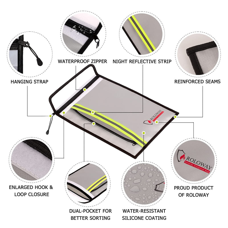 [Australia - AusPower] - ROLOWAY Fireproof Document Bag (15 x 11 inch) with 2 Pockets & Waterproof Zipper, Fireproof Money Bag, Fire Safe Bag with Reflective Strip, Fireproof Envelope for Cash, Legal Documents Safe (Silver) Silver 