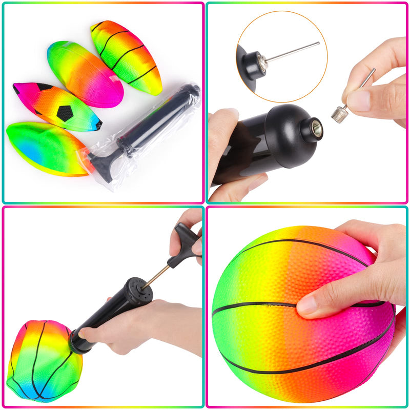[Australia - AusPower] - 4 Pack Rainbow Sports Balls Set 6 Inch Inflatable Vinyl Balls with Added Hand Air Pump, Neon Basketball, Soccer Ball, Volleyball and Football for Kids and Toddlers Playground Indoor and Outdoor Use 
