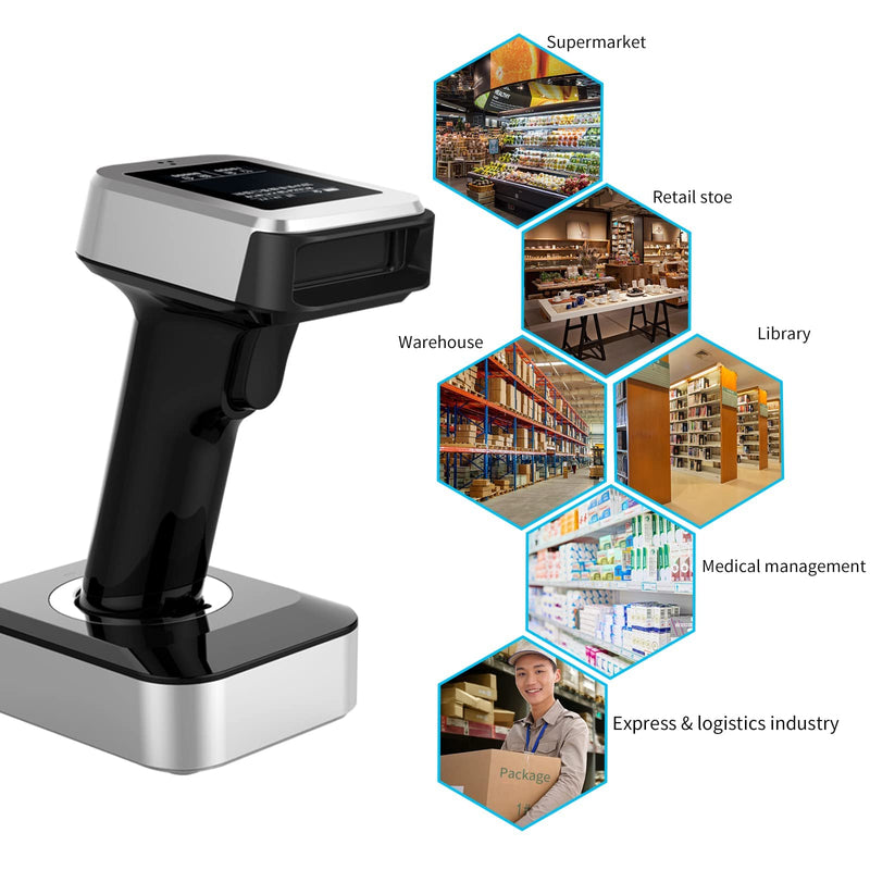 [Australia - AusPower] - 2D QR Wireless Barcode Scanner Bluetooth & 2.4GHz Wireless & Wired with 1.8 inch Screen Display and Charging Base Handheld Bar Code Reader Scanner for Warehouse Inventory 