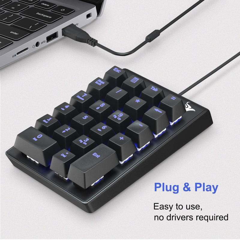[Australia - AusPower] - Number Pad, ROTTAY Mechanical USB Wired Numeric Keypad with Blue LED Backlit 22 Key Numpad for Laptop Desktop Computer PC Black (Blue switches) 