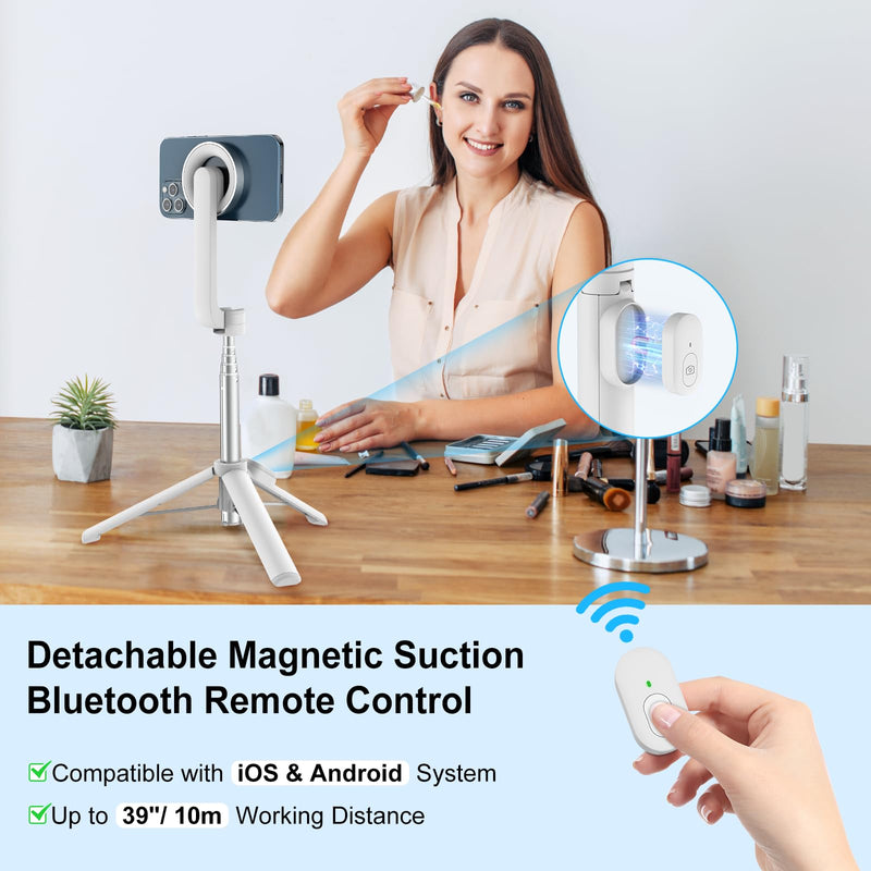 [Australia - AusPower] - FANTCOO Magnetic Selfie Stick, 44inch Extendable Cell Phone Tripod Stand with Remote for Vlogging, Portable Phone Tripod for iPhone 14 13 12 11 Series & All Smartphones (White) White 