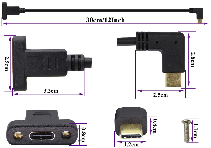 [Australia - AusPower] - AAOTOKK Right&Left Angled 3.1Type C Cable Gen 2 (3A) 90 Degree USB 3.1 Type C Male to Female Panel Mount Screw Cable,Supports Charging,Data,Audio,Video Cable for Laptop,Tablet,Mobile Phone(0.3M/1ft) 0.3M/1ft 