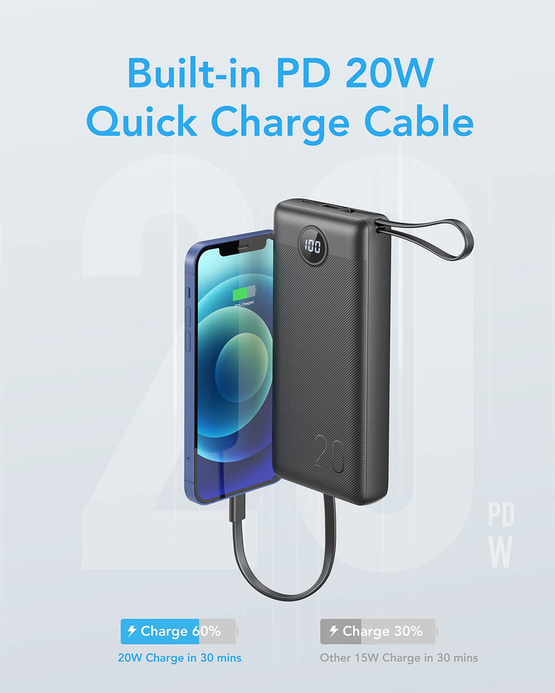 [Australia - AusPower] - Portable Charger with Built in Cords, VRURC 22.5W PD & QC 3.0 Fast Charging 20000mAh USB C Power Bank, 4 Output 2 Input LED Display Phone Battery Pack with Cable Compatible with iPhone,Samsung,Tablet 20000mAh Black 