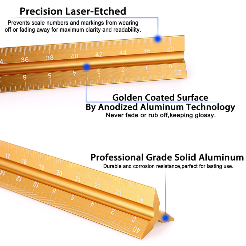 [Australia - AusPower] - OwnMy 3 Pack 12 Inch Solid Aluminum Triangular Architect Scale Ruler Set, Architectural and Engineer Scale Ruler Set, Professional Etched Scales Drafting Rulers for Blueprints Civil Engineer, Gold 