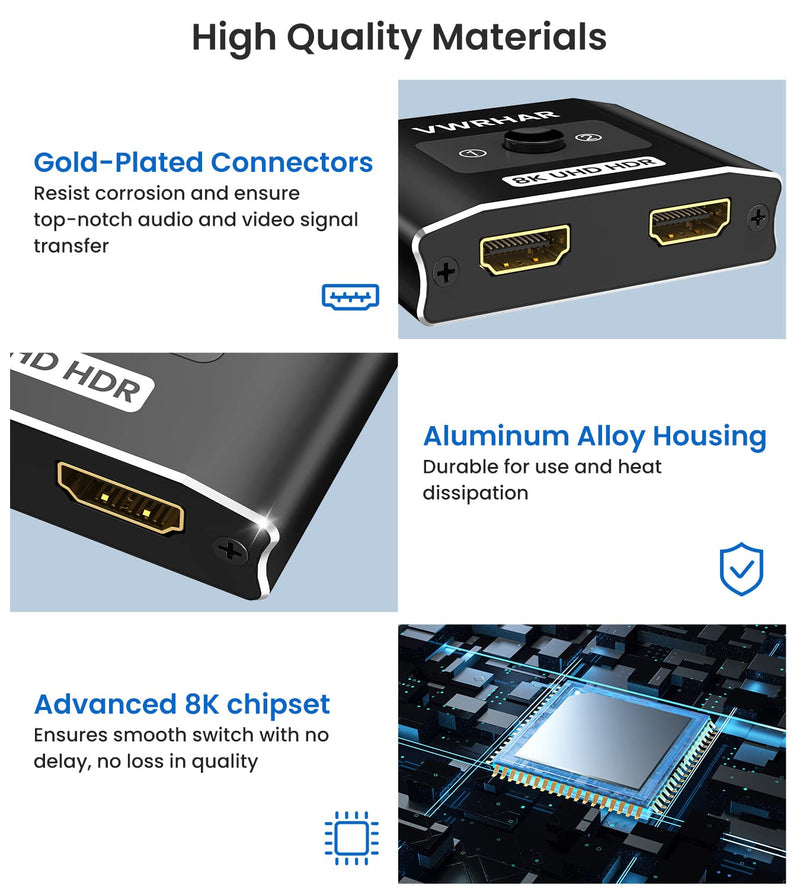 [Australia - AusPower] - HDMI 2.1 Switch 8K HDMI Switcher, 4K 120hz HDR Aluminum Bi-Directional Switch Splitter 2 in 1 Out or 1 in 2 Out, Support High Speed 48Gbps 8K@60Hz, for PS5, Xbox Series X , Apple TV, Samsung TV LG TV 