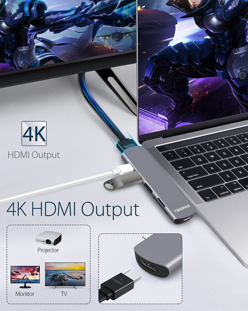 [Australia - AusPower] - TWOPAN MacBook Pro USB C Hub Adapter, 6 in 1 USB Adapter to 4K HDMI, USB Type C Hub Multiport Adapter with 60W PD Port and SD/TF Card Reader for New 24" iMac 2021, New iPad Pro/Air 2021, MacBook Air 