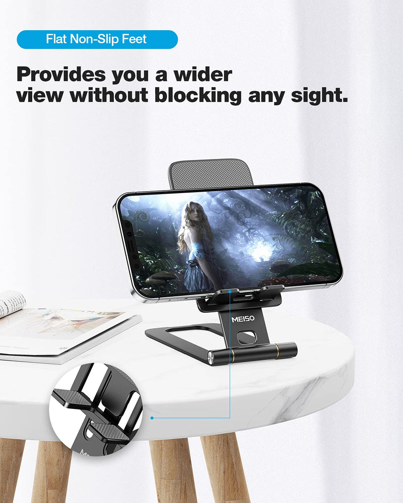 [Australia - AusPower] - MEISO Cell Phone Stand, Fully Foldable Phone Holder for Desk, Desktop Mobile Phone Cradle Dock Compatible with iPhone, Samsung Galaxy, iPad Mini, Tablets Up to 10” (Black) Black 