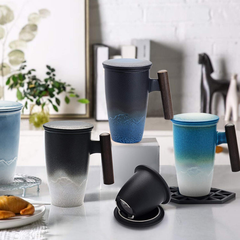 [Australia - AusPower] - suyika Tomotime Ceramic Tea Cup with Infuser and Lid Tea Mugs Wooden Handle 400ml/13.5oz Black cyan 