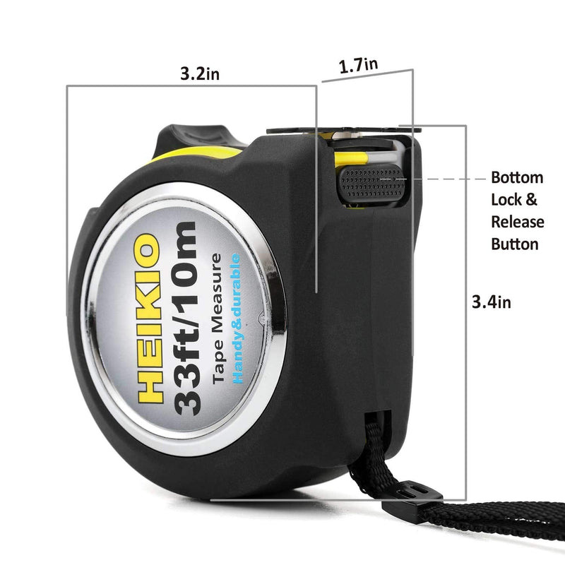[Australia - AusPower] - Measuring Tape 33 Feet(10M), Double-sided Metric and Inch Scale with Fractions, Retractable Tape Measure with Double Stop Buttons and Magnetic Hook By HEIKIO 