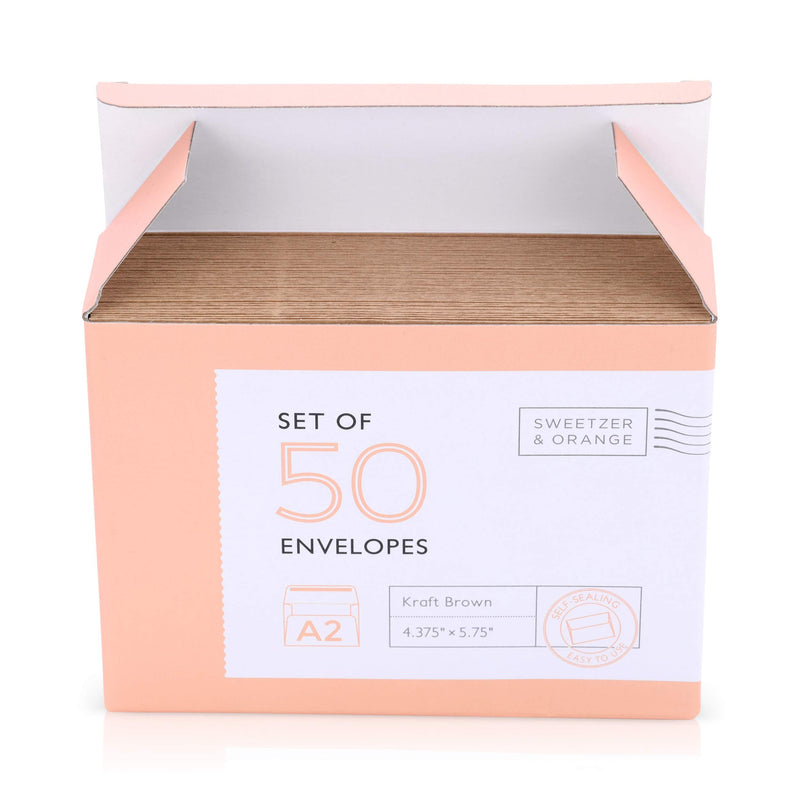 [Australia - AusPower] - Sweetzer & Orange A2 Envelopes (50 with Box). Brown Envelopes Self Seal. Luxury 150gsm For Greeting Card Envelopes and Invitation Envelopes 4.375 x 5.75 RSVP Envelopes, Plain Kraft Envelopes. Set of 50 Kraft Brown 