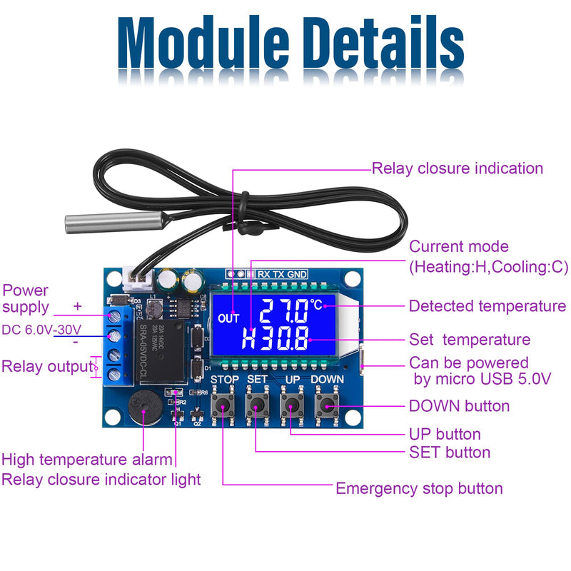 [Australia - AusPower] - 2 Pieces XY-T01 Electronic Temperature Controller, DC 6 - 30V 24V Digital Temperature Control Module -50°C to 100°C Digital Thermostat Temperature Control Switch Boards with Waterproof NTC Probe 