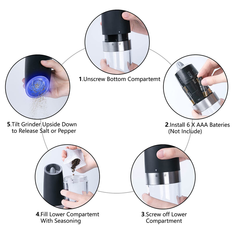 [Australia - AusPower] - Electric Salt and Pepper Grinder Set, Gravity Sensor, Automatic Pepper Mill, One Hand Operation, Battery-Operated with Adjustable Coarseness, Blue Led Light (Black 2 Pack) Black 2P 